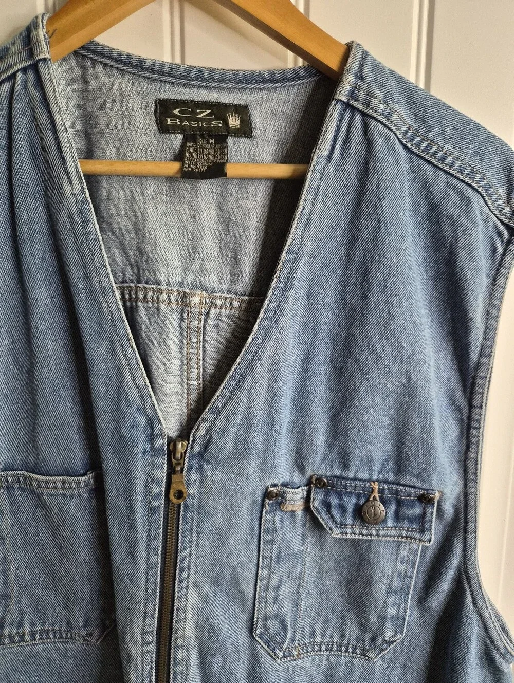 Vintage CZ Basics Mens Vest Blue Denim 90s Front Pocket Biker Grunge 2 Pac Boho